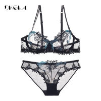 2020 Fashion Flowers Embroidery Lingerie Set Lace Blue Transparent Underwear Set Women Sexy Hollow Out See Through Bra Pink