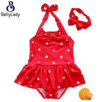 2pcs Girls Swimsuit Hairband Halter Sleeveless Ruffle Hem Swimwear Bowknot Hairband【fast】