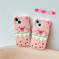 3D การ์ตูนน่ารักลายหมูชานมสีชมพูสำหรับ IPhone 14 13 12 11 Pro Max เคสโทรศัพท์แฟชั่นความคิดสร้างสรรค์