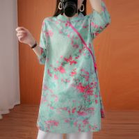 Cotton Linen Floral Print Chinese Style Shirt Summer New Elegant Loose Casual Tang Suit Blouse Mid-length Vintage Cheongsam Tops