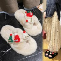 Winter Warm Fluffy Santa Hat Slippers Women Cozy Cross Indoor Floor Slides Flat Soft Furry Shoes Female Faux Fur Flip Flops