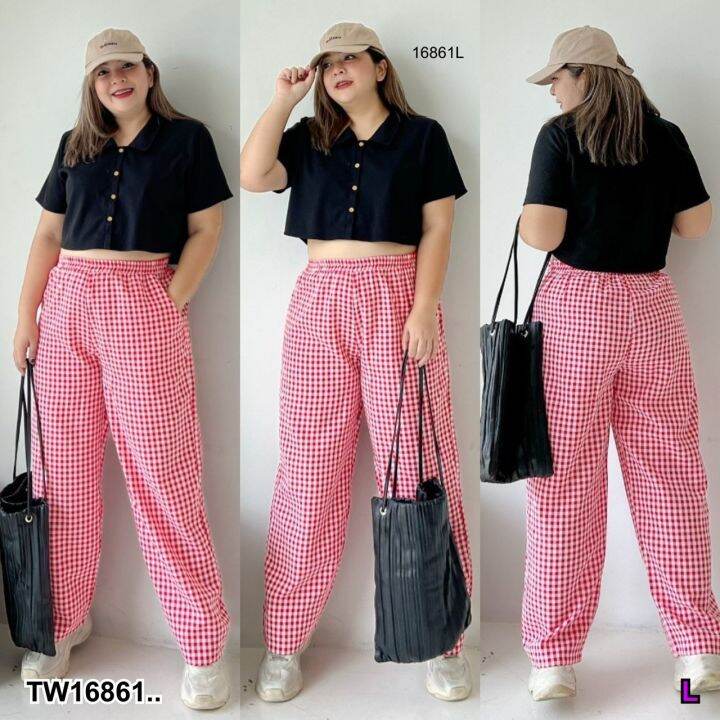 tw16861-เซท-2-ชิ้น-bigsize-เสื้อปกเชิ้ทครอป-กางเกงขายาว