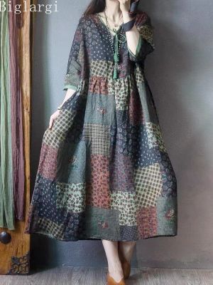 Oversized Summer Vintage Ethnic Style Dress Women Loose Fashion Casual Plaid Floral Dress Korea Ladies Long Dresses