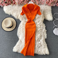 2021 Sexy V-neck Short-sleeved Knit Bodycon Dress Women Casual Summer Slim Elastic High Split Mid-calf Ribbed Long Dress Vestido