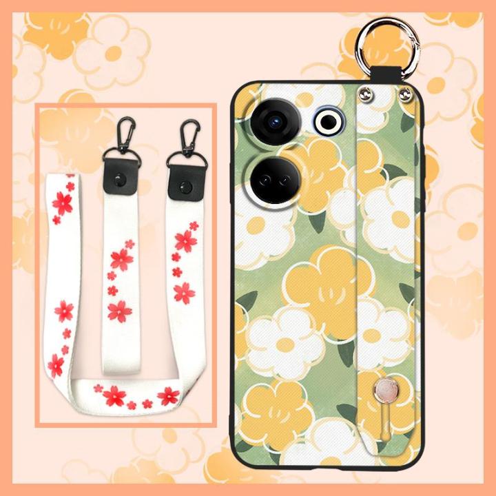 anti-dust-kickstand-phone-case-for-tecno-camon20-pro-4g-ck7n-wrist-strap-lanyard-painting-flowers-shockproof-sunflower