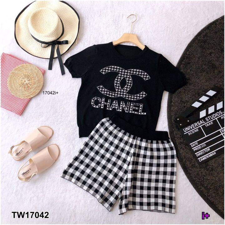 tw17042-set-2-ชิ้น-เสื้อไหมพรมทอลาย-กางเกงไหมพรมขาสั้น