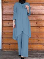 ZANZEA Eid Mubarek Muslim Suits 2PCS Women Casual Pants Sets Fashion Asymmetrical Blouse Trousers Suits Turkey Matching Sets