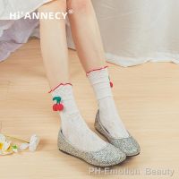 【LZ】✠✙  HIANNECY Original Lovely Lace Menina Preta Primavera Meias De Cereja JK Bezerro Lolita Meias Estudante Verão Ultra-fino de Seda Meias Brancas