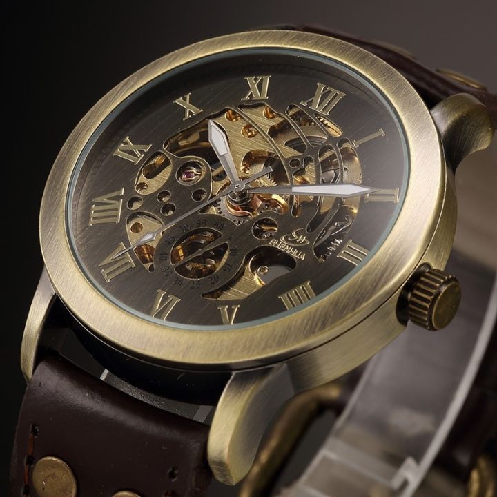 นาฬิกาจักรกลข้อมือชายสตีมพังค์นาฬิกาข้อมือผู้ชาย-นาฬิกาข้อมือออโตเมติกสไตล์ย้อนยุคแอนะล็อกแบบเปลือยบรอนซ์ของขวัญ2020