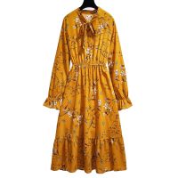 7 Color Korean Chiffon Floral Long Sleeve Women Casual midi Dress Loose Yellow Blue White A-Line Long Dresses Import