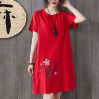 COD DSFGRDGHHHHH cotton hemp loose size embroidered dress summer short sleeve Korean mid length over Knee Skirt