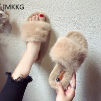 【CW】 Slippers Indoor Fur Slides Flip Flops Flat Shoes Woman v428