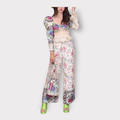 P010-283 PIMNADACLOSET - SweetHeart Neck Long Sleeve Smocked Waist Eyelet Embroidery Top And High Waist Long Wide Leg Pant Set