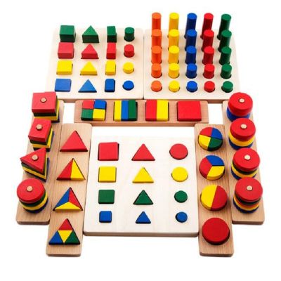 Wooden Geometric Shapes Stacking Rings Fractions Boards 8 in 1 Set Puzzles Shape Sorter Toy Montessori Educational Learning Toys