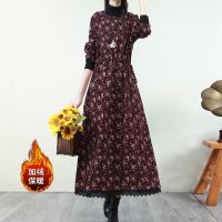 [COD] literature and art plus velvet warm linen dress women 2022 autumn winter large size loose tie temperament floral