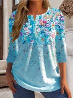 xixibeauty Plus Size Casual T-shirt, Womens Plus Floral Print Long Sleeve Round Neck Slight Stretch Henley T-shirt