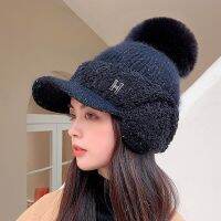 HOT★CNTANG Winter Women Ear Protection Baseball Cap Letters Thickened Fur Ball Caps Fashion Knitting Warm Ladies Duck Tongue Hat