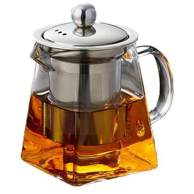 Thickened Glass Teapot Heat Resistant Flower Tea Pot Bubble Tea Pot Stainless Steel Filter Teapot Square Pot Set 350Ml