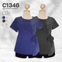 C1346 เสื้อคอกลมผ้าไหมอิตาลี่ผูกโบว์ข้างลายริ้ว ยาว30