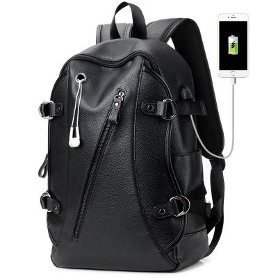 Mens Leather Waterproof Large Laptop Bag USB Design with Headphone hole Travel Backpack School Bags Mochila Masculina 853