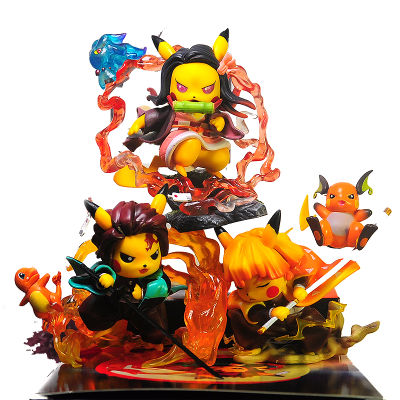 NEW Pikachu Cosplays Agatsuma Zenitsu with raichu Action Figures PVC 10cm Model Pokemon Demon Slayer Doll Anime Toys For Kid