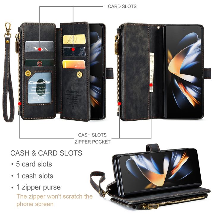 enjoy-electronic-for-samsung-galaxy-z-fold-3-4-wallet-casedurable-pu-leather-magnetic-wallet-flip-lanyard-strap-wristlet-zipper-card-holder-case