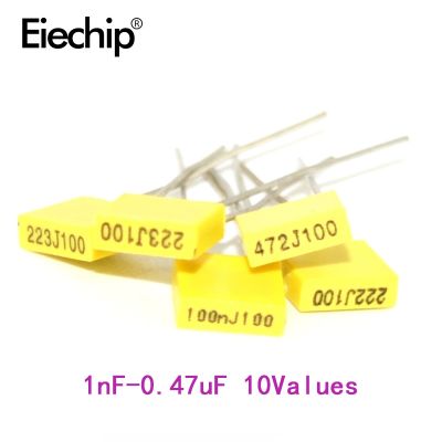▩℗ 50pcs/lot Polypropylene Safety Plastic Film Correction Capacitor kit 1nF-0.47uF Component set Yellow Block Capacitor Package
