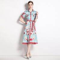 Women Dress Spot Real  Elegant Short Sleeve  Vintage Printed Midi Dress