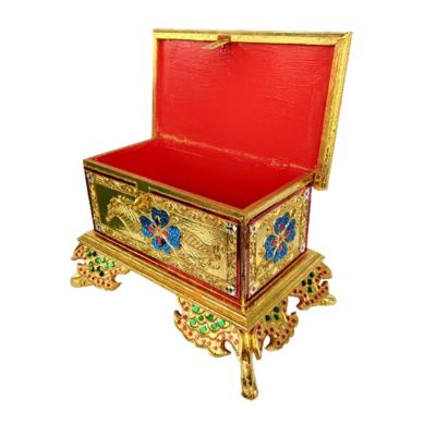 กล่องสมบัติ 17 นิ้ว กล่องไม้แกะสลัก ลายดอกไม้ หีบสมบัติเคลือบทองประดับกระจก(17 inch treasure box, carved wooden box, flower pattern, gold plated treasure chest decorated with glass)