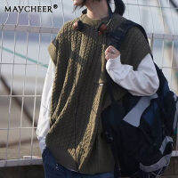 MAYCHEER   เสื้อแขนกุดผ้าถักสเวตเตอร์แขนกุดวินเทจสำหรับผู้ชายและผู้หญิงเสื้อกล้ามใส่สบายมีสไตล์