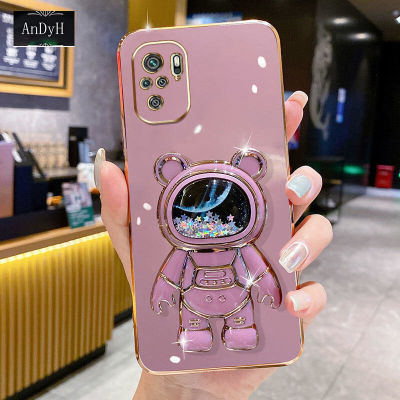 AnDyH Phone Case For Xiaomi Redmi Note 10 4G/Note 10S 6D Straight Edge PlatingQuicksand Astronauts space Bracket Soft Luxury High Quality New Protection Design