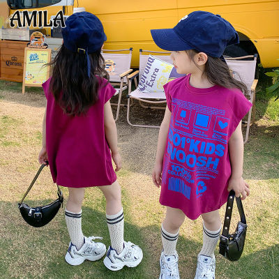 AMILA เสื้อผ้าเด็กแบบเกาหลีชุดเสื้อกั๊กเด็กผู้หญิงใหม่,เสื้อทรงหลวมสไตล์ต่างประเทศกระโปรงสั้นเสื้อยืดลายตัวอักษร