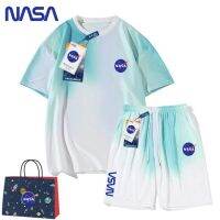 【July hot】 NASA official joint gradient summer casual sports mens short-sleeved two-piece set male T-shirt