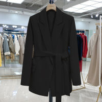 FTLZZ New Office Lady Turn-down Collar Sash Tie Up Blazer Elegant Female Beige Black Long Sleeve Blazer with Belt