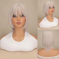 【jw】﹉ Bob Wigs Ash Gray Synthetic Wig Short for with Bangs Resistant Hair