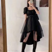 COD DSTGRTYTRUYUY Summer 2022 New Style Square Collar Big Swing Small Black Skirt Waist Show Thin Irregular Short Sleeve Dress Fashion