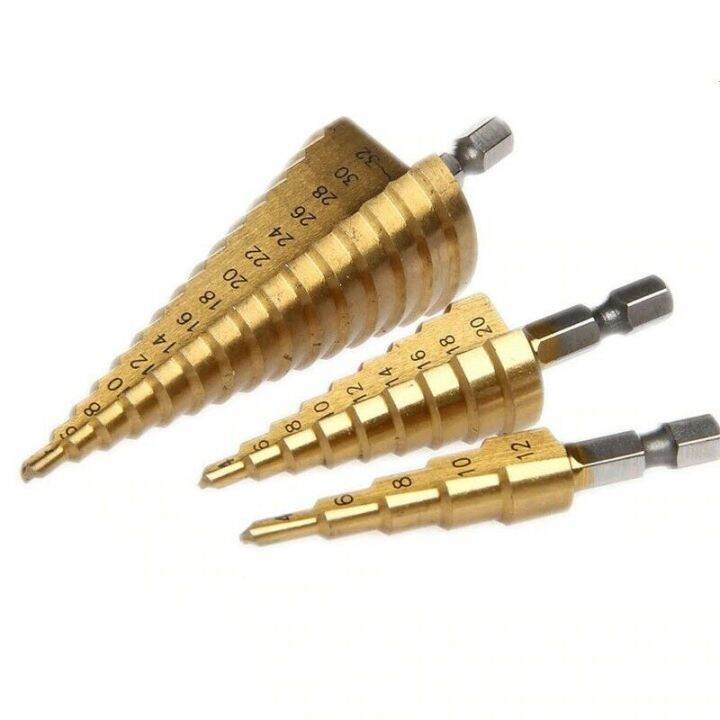 ดอกสเต็ป-ทรงเจดีย์-เจาะขยาย-คว้านรู-ขนาด-4-32-มม-step-drill-titanium-6-pcs-set