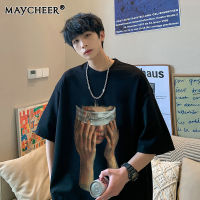 MAYCHEER   เดรสคู่ทรงหลวมทรงหลวมเสื้อยืดแขนสั้นแบรนด์แฟชั่นสำหรับทั้งหญิงและชายถนนฮิปฮอปหน้าร้อนครึ่งแขน