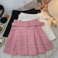 Korean Style Pink Pleated Skirts Womens Autumn College Tweed Fashion Belt High Waist Mini A-line Short Skirts