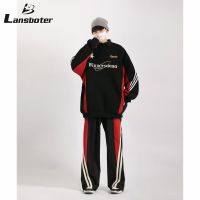 Lansboter เสื้อสเวตเชิ้ตเสื้อยืดคอกลมของผู้ชาย,เสื้ออเมริกาแบบย้อนยุคสีดำและสีแดงสีตัดเสื้อแขนยาวคอกลมผู้ชายทรงหลวมแขนยาวแนวสตรีทเสื้อกันลม