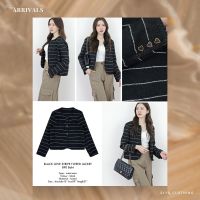 SLYQ BLACK LOVE STRIPE TWEED JACKET เสื้อคลุมผ้าทวีดแขนยาว สีดำลายขวางเล็ก กระดุมหัวใจ