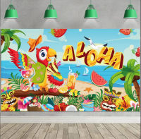 Aloha Hawaiian Tiki แบนเนอร์ฉากหลังสำหรับถ่ายรูป,สำหรับตกแต่งเทศกาลฮาวายปาร์ตี้ฤดูร้อนใบปาล์มดอกไม้ชบาพื้นหลังงานเลี้ยงธีมชายหาด