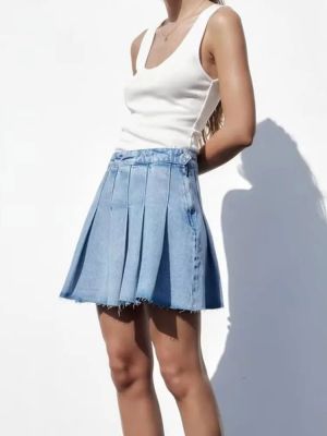 Nlzgmsj กระโปรงยีนส์ขนาดเล็กอัดพลีทผู้หญิงกางเกงยีนส์สีฟ้ากระโปรงฤดูร้อนสำหรับผู้หญิงกระโปรงสั้นเอวสูง Y2k Streetwear