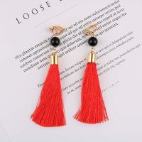 【YF】 Bohemian Long Statement Tassel Clip On Earrings 9 Color For Female Non Pierced Dangle Trendy Cotton Rope Fringe Ear Gift