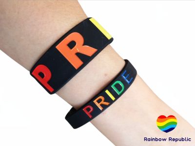 สายรัดข้อมือ ริสแบนด์ ซิลิโคน ข้อมือ สายรัด ยาง สีรุ้ง สีดำ Rainbow PRIDE LGBT Wristband Rubber Silicone Band Free Size Unisex 2.5" diameter