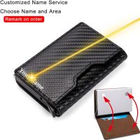 Customized Name Card Holder Carbon Fiber Leather Metal Aluminum Wallet Men RFID Blocking  Leather Wallet Slim Pop Up  Card Case