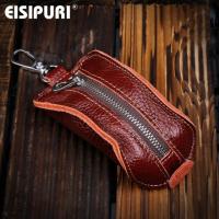 EISIPURl 100% กระเป๋ากระเป๋าใส่กุญแจหนังแท้ที่ใส่กระเป๋าเคสกุญแจรถยนต์ที่ประตูของผู้ชายธุรกิจพวงกุญแจตัวผู้จัดระเบียบกุญแจแม่บ้าน