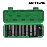 Meterk ซ็อกเก็ตพลาสติกตัวหมุนหกเหลี่ยมขนาด1/2นิ้ว10ชิ้นขนาดรูลึกเมตริก10-22มม. และอะแดปเตอร์ขนาด3/8นิ้ววัสดุ CR-V พร้อมกล่องเก็บของแข็ง