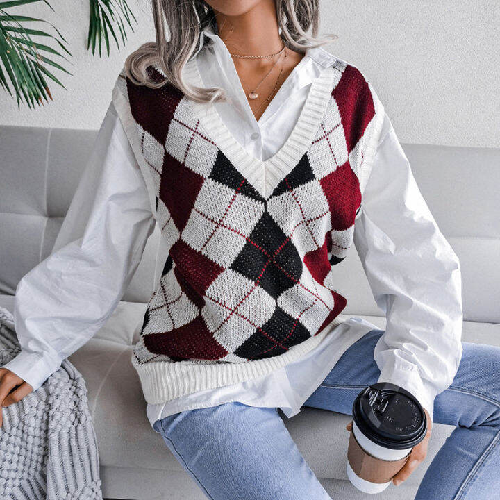 autumn-v-neck-casual-loose-knit-vest-sweater-women-fashion-all-match-pullover-tops-college-style-diamond-print-tank-sweater