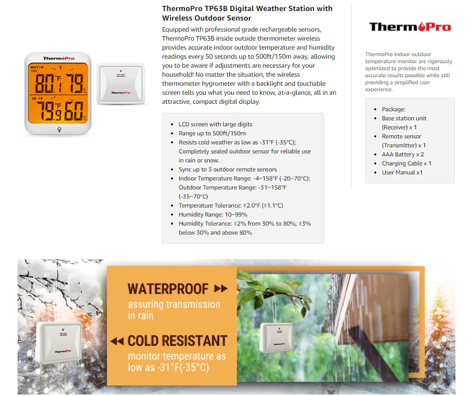 ThermoPro TP63B Waterproof Indoor Outdoor Thermometer Digital Wireless  Hygromete